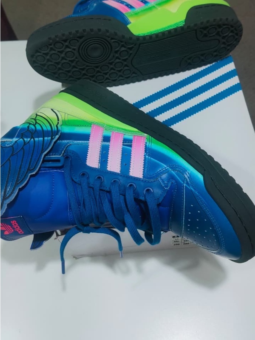 Jeremy Scott x Adidas Blue, Neon Green & Pink High-Top Sneakers